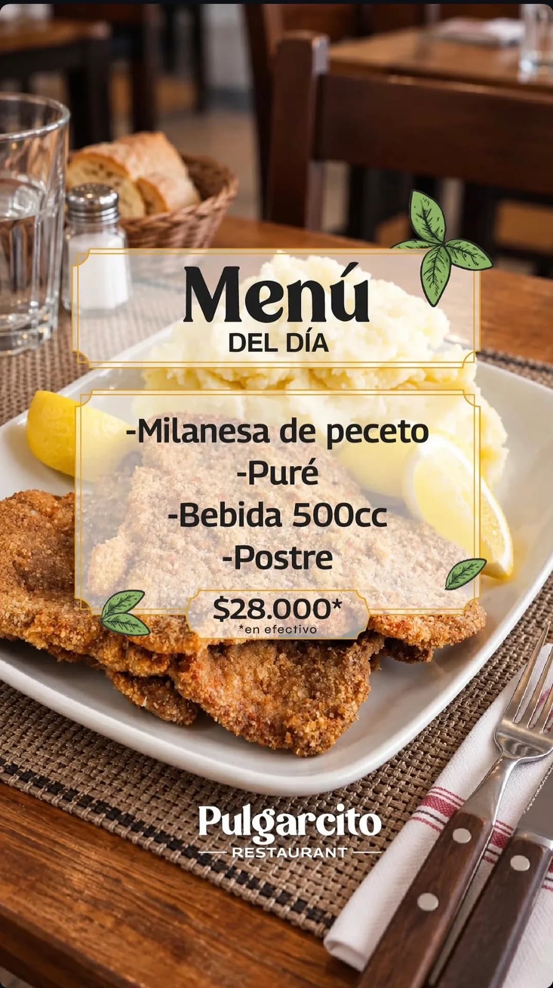 Menú del día de Pulgarcito: milanesa, bebida y postre, imagen 1
