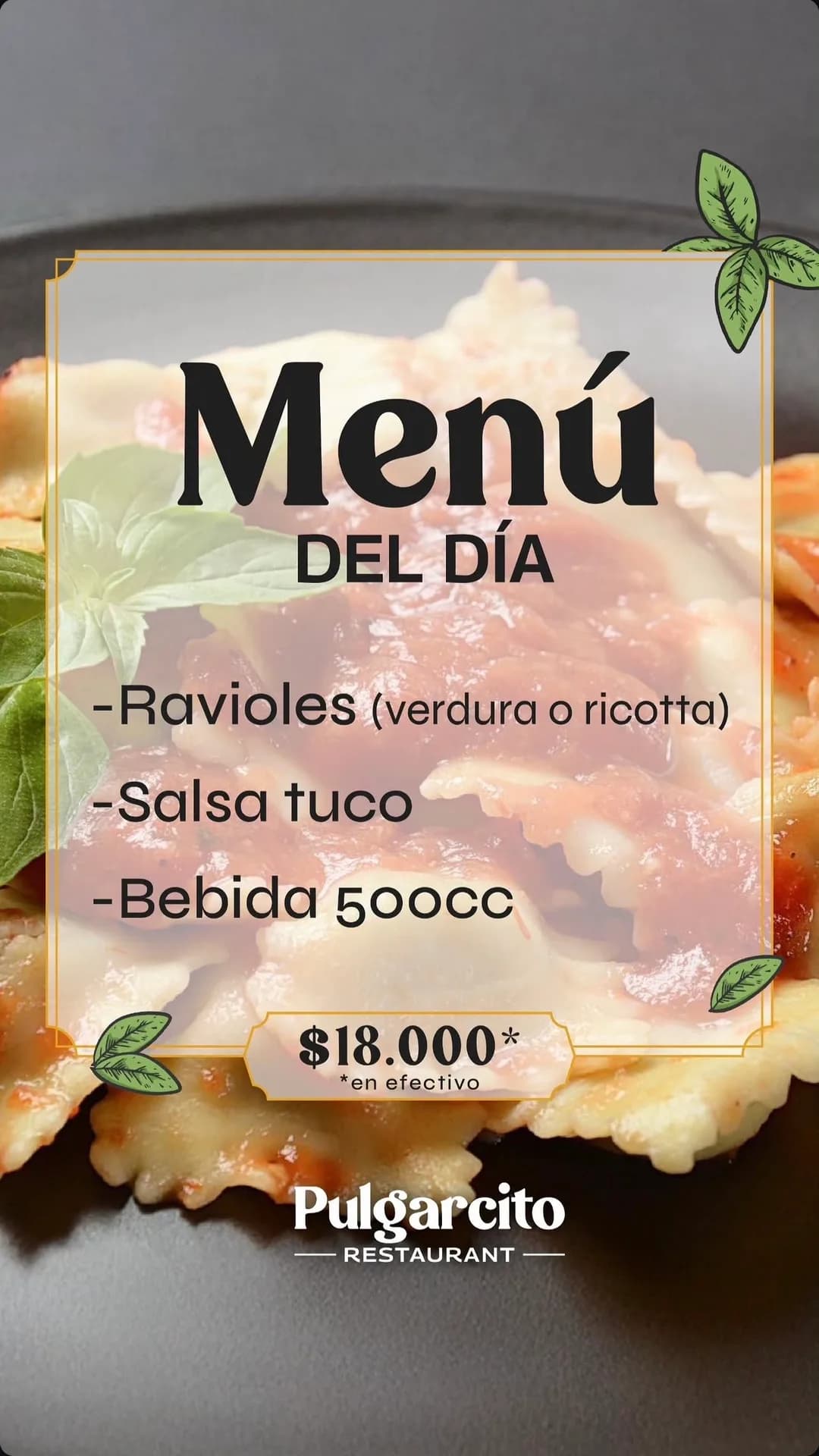 Menú del día: ravioles, salsa tuco y bebida, imagen 1