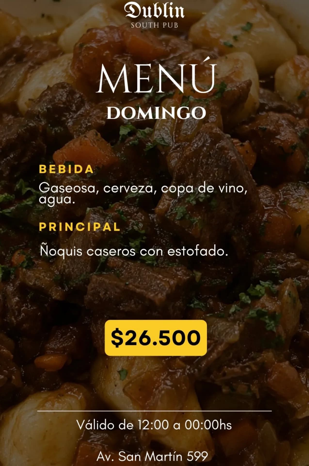 Menú de domingo con ñoquis y estofado por $26.500, imagen 1