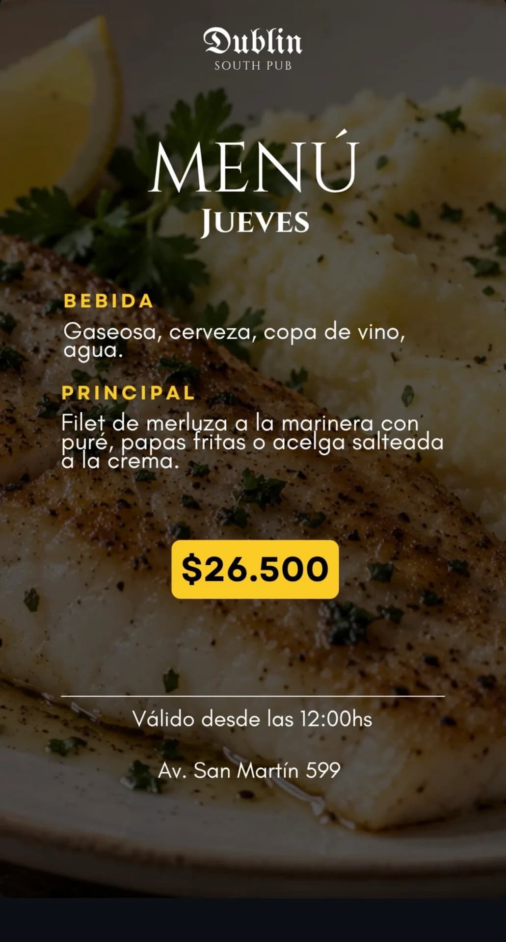 Menú de jueves con filet de merluza por $26.500, imagen 1