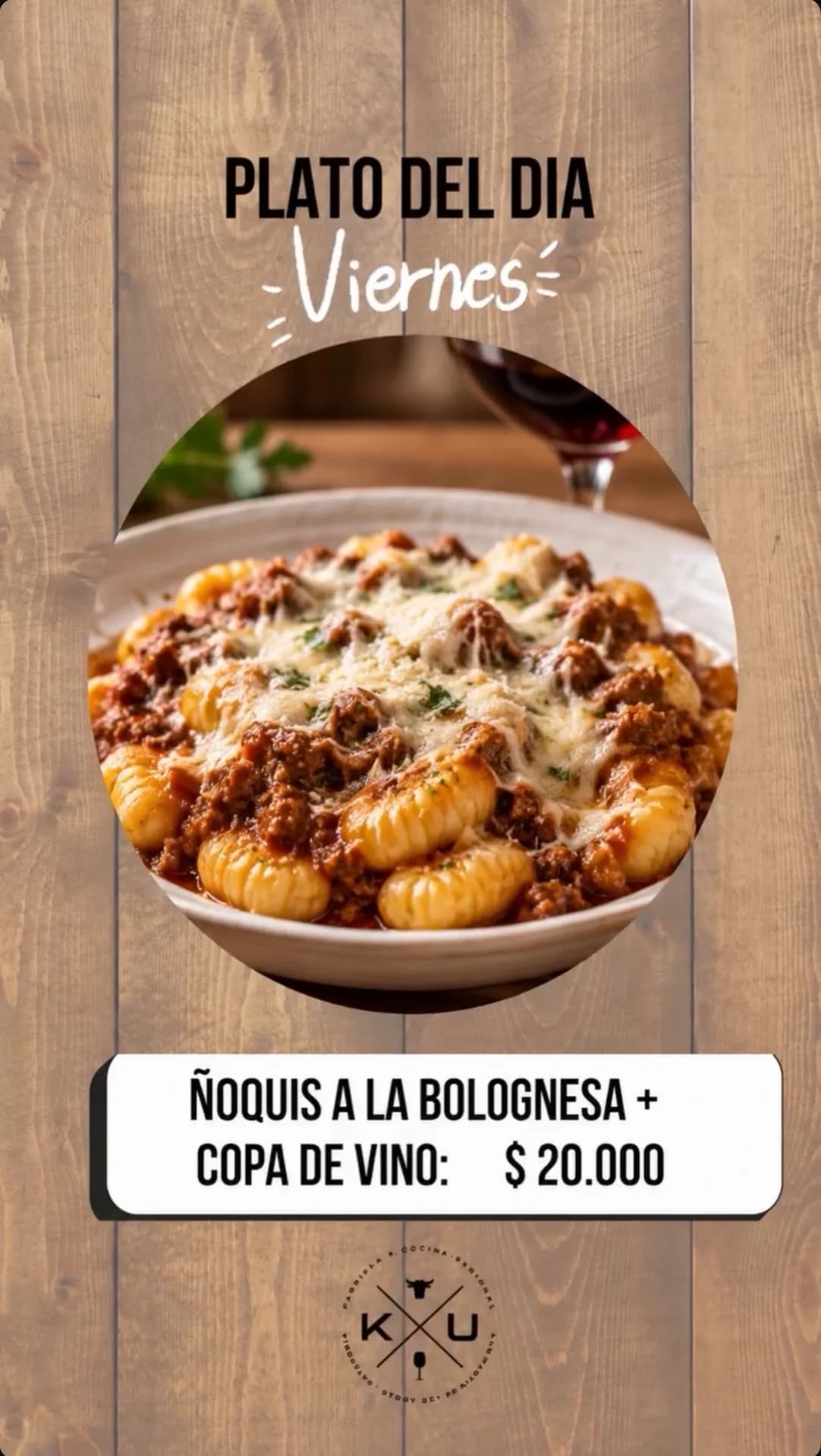 Ñoquis a la bolognesa con copa de vino por $20.000, imagen 1