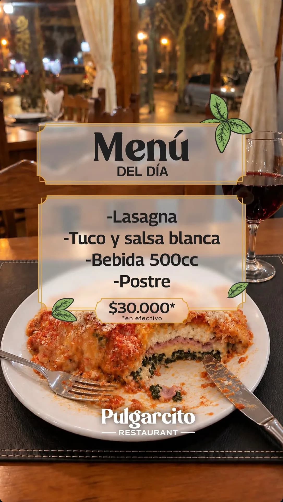 Menú del día en Pulgarcito: lasaña, bebida y postre por $30.000, imagen 1