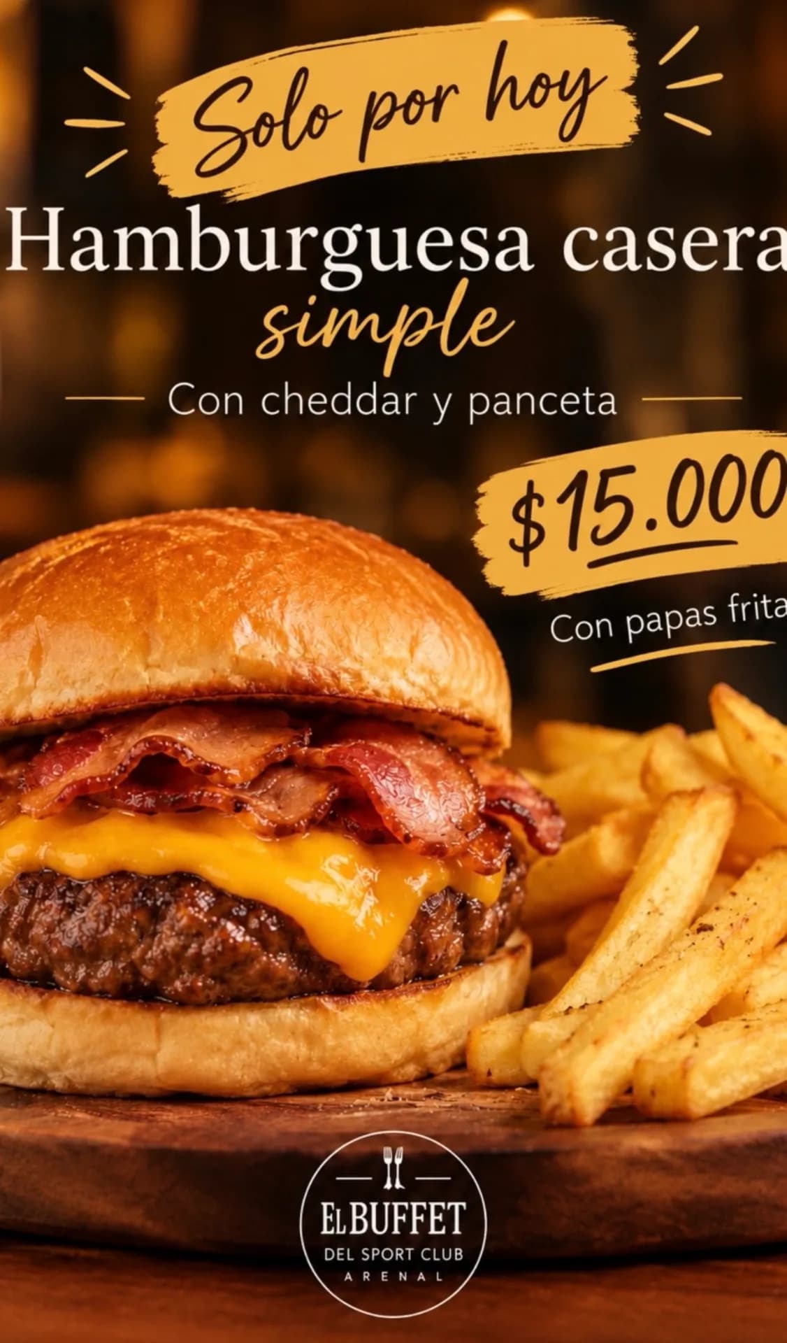 Hamburguesa con cheddar, panceta y papas a $15.000, imagen 1