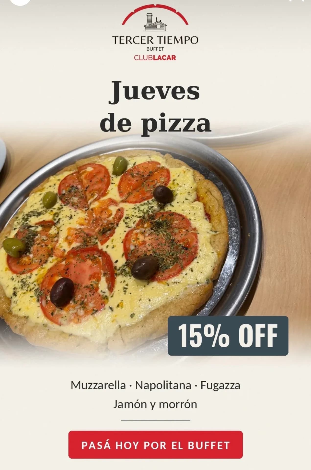 15% de descuento en pizzas de Tercer Tiempo, imagen 1