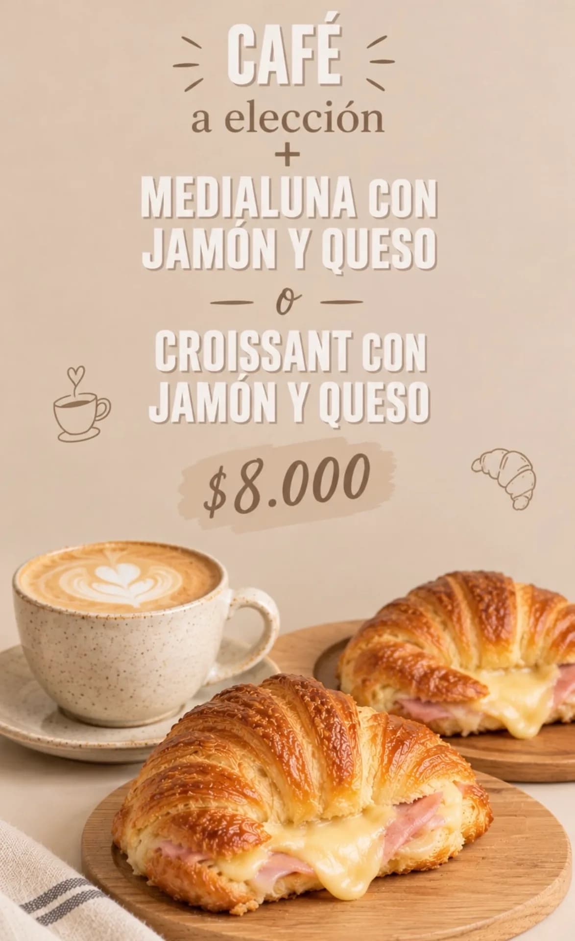 Café con medialuna o croissant por $8.000, imagen 1