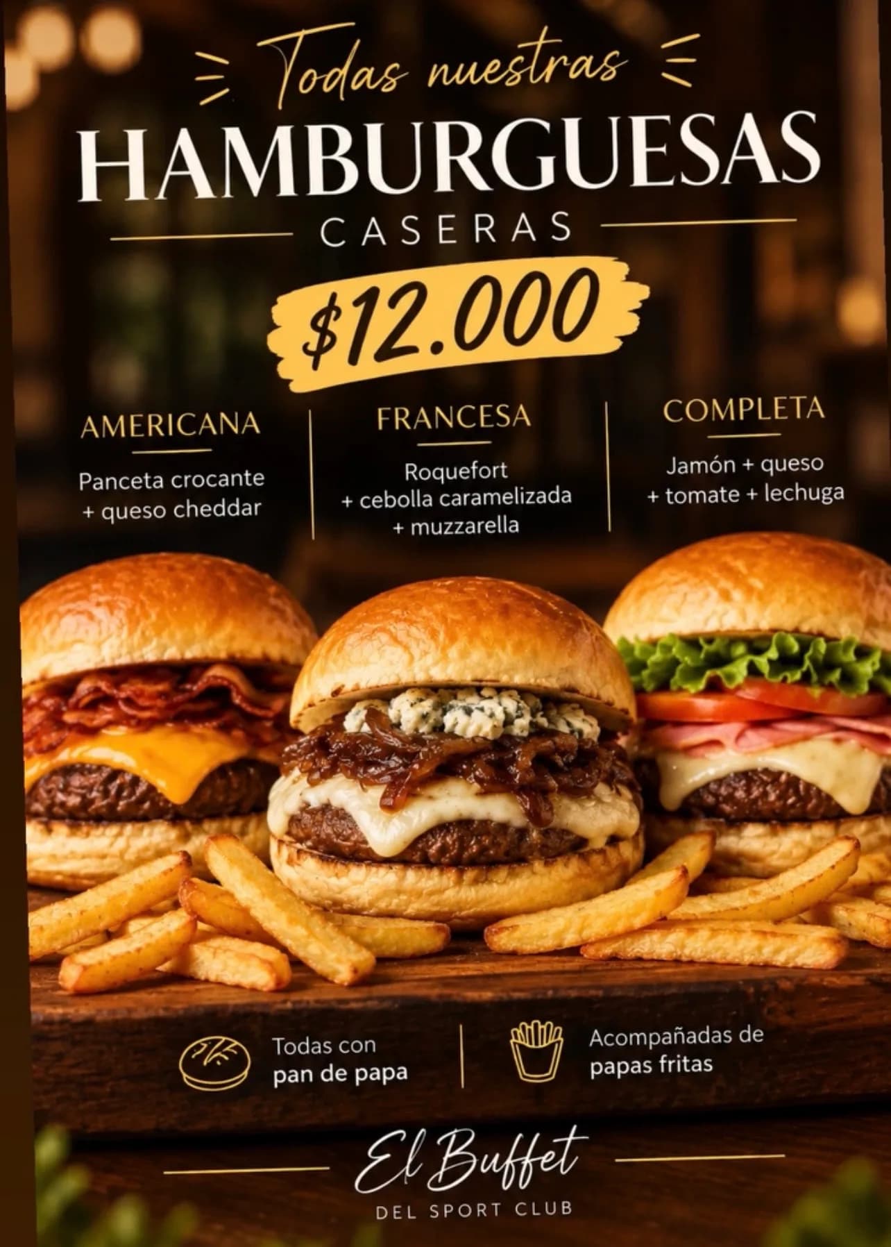 Hamburguesas caseras con papas por $12.000, imagen 1