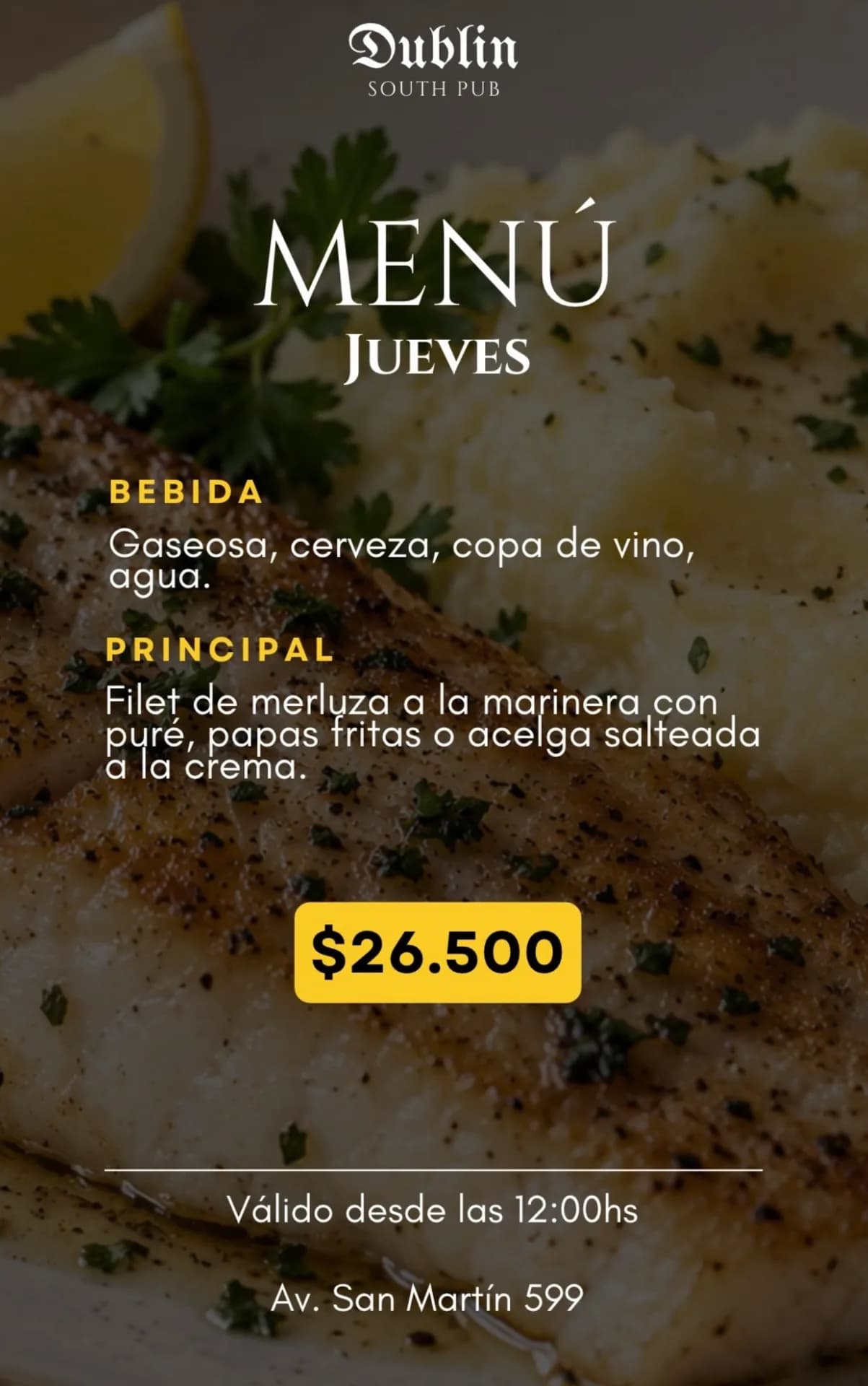 Menú de jueves con filet de merluza por $26.500, imagen 1