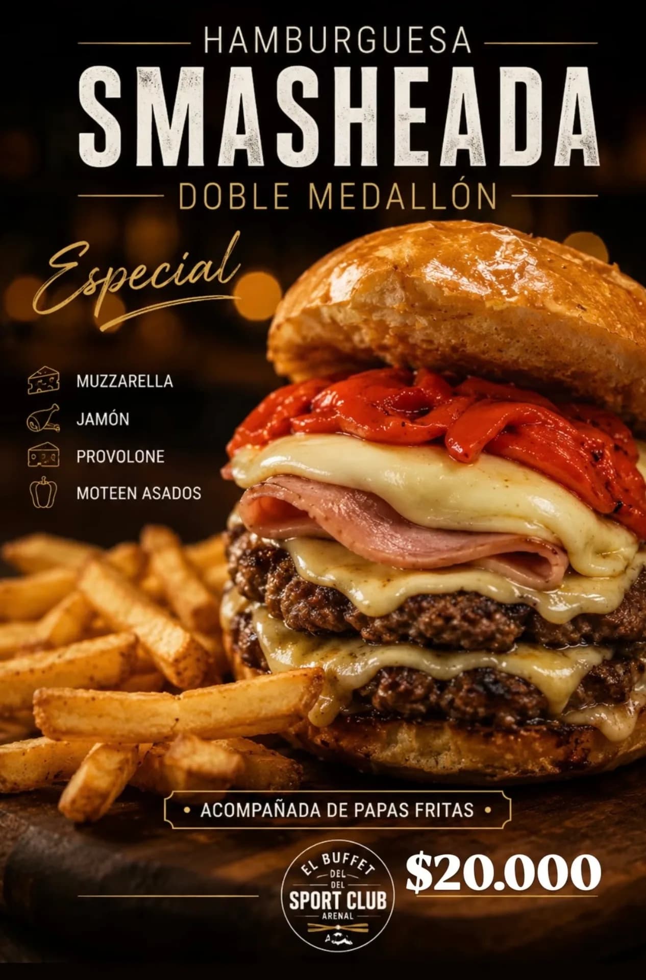Hamburguesa smashada doble medallón con papas, imagen 1