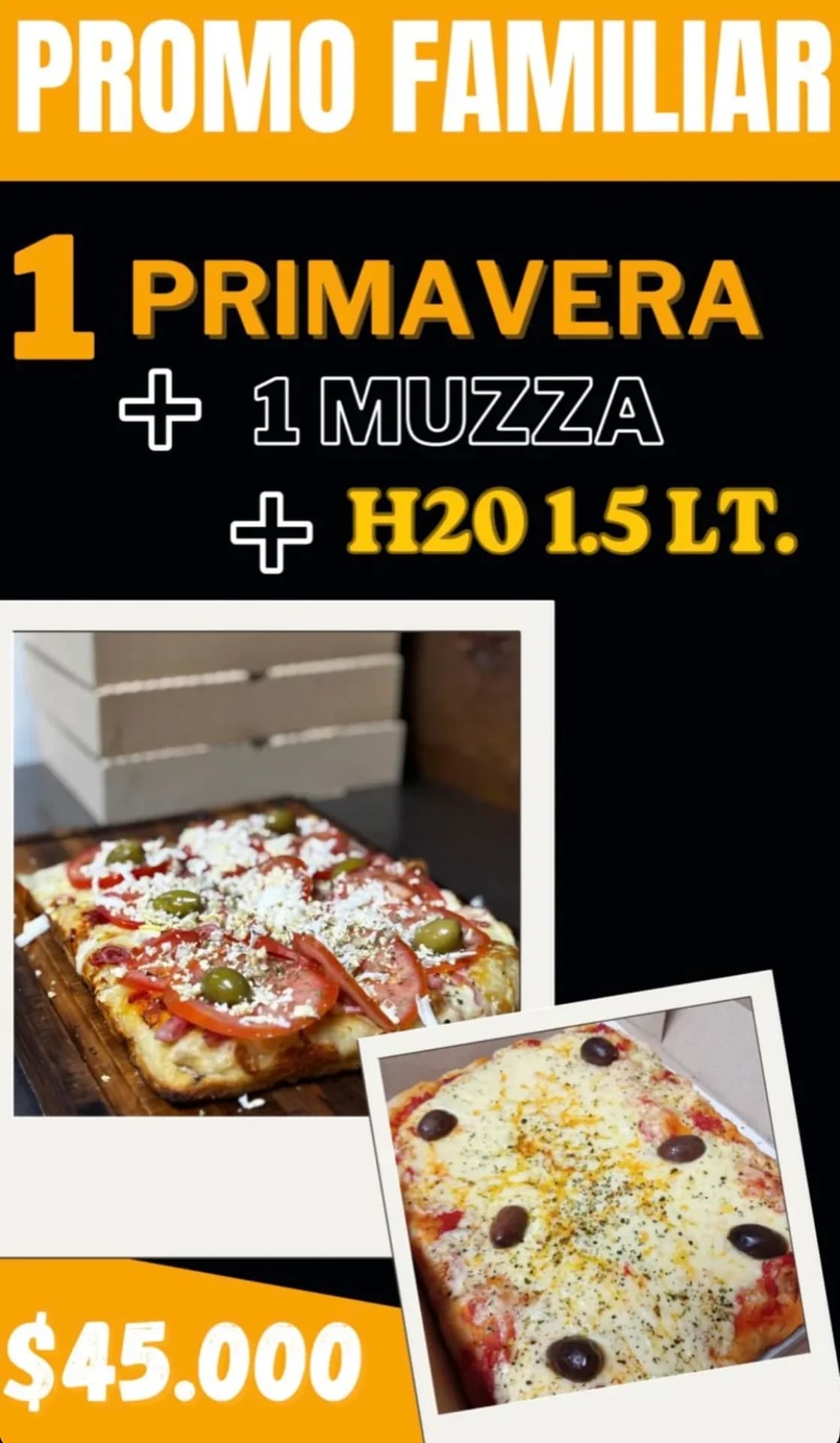 Promo Familiar: dos pizzas y una H2O por $45.000, imagen 1