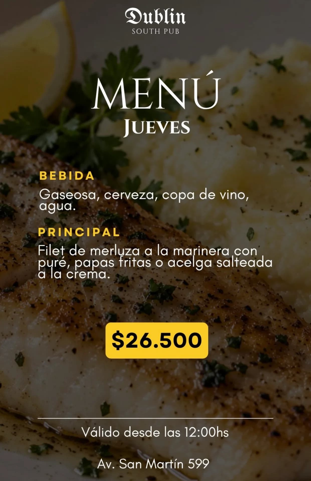 Menú de jueves con filet de merluza a $26.500, imagen 1